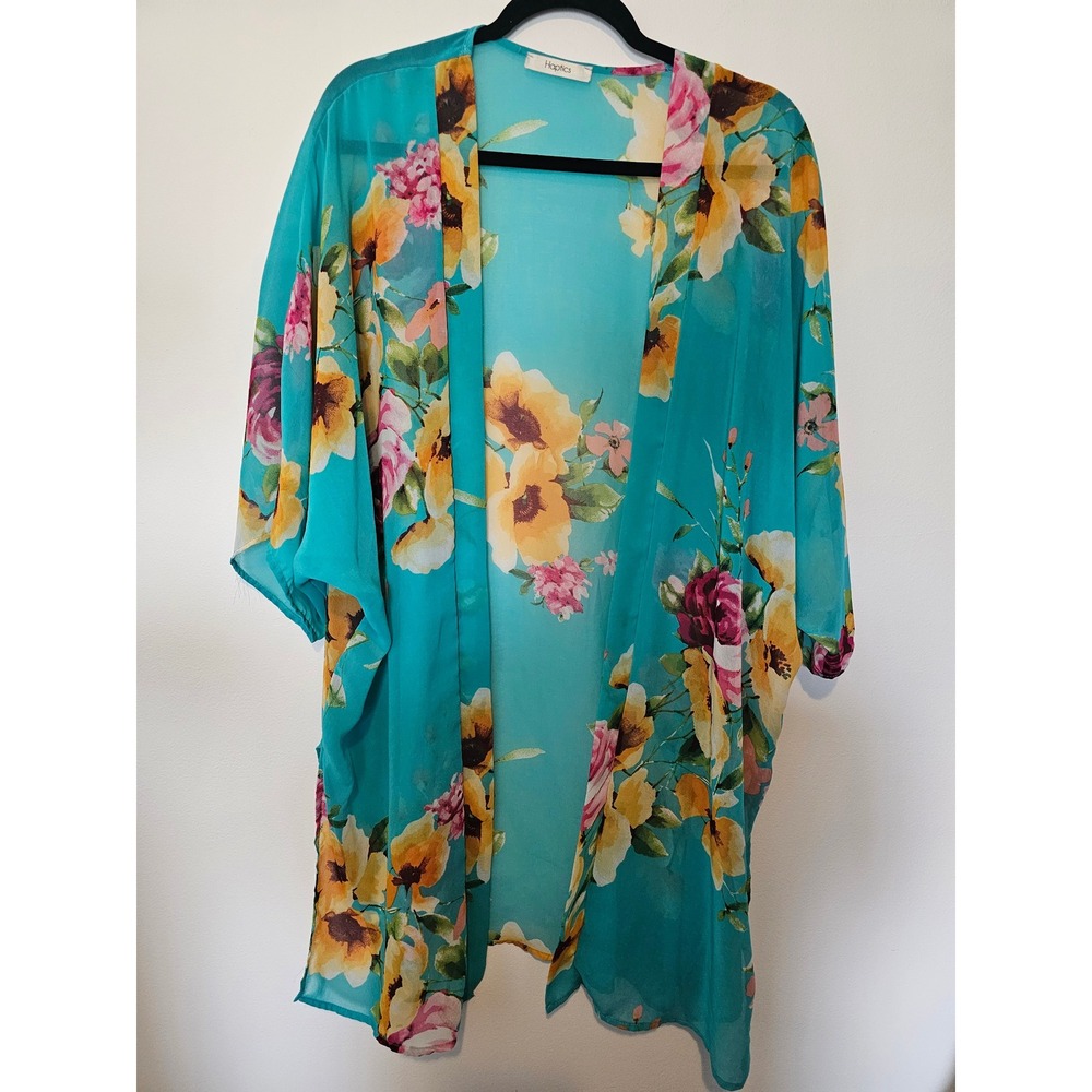 [Boho] Haptics Floral Kimono Cardigan Womens Large Teal Sheer Chiffon Open Front